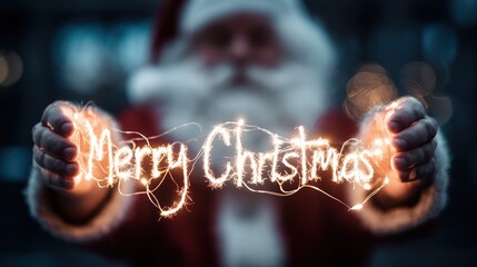 Santa Claus holds 'Merry Christmas' sparkler lights for a festive holiday greeting