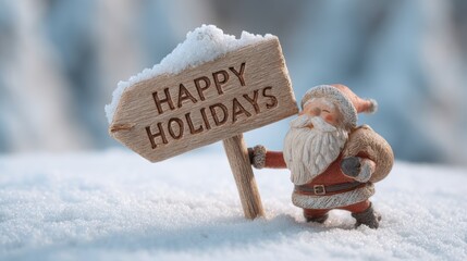 Santa Claus figurine holding a Happy Holidays sign in a snowy winter scene