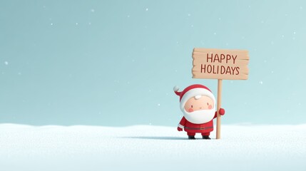Cute Santa Claus holding a Happy Holidays sign in a snowy winter scene