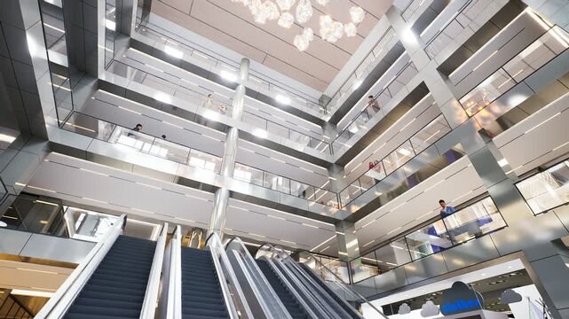 Modern multilevel interior with multiple escalators and people