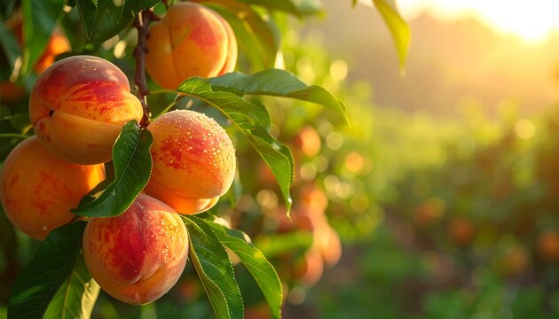 Ripe, juicy stone fruits hang from branches, bathed in golden sunlight