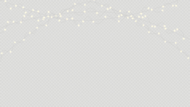 String of glowing white fairy lights hanging across the top border on transparent background
