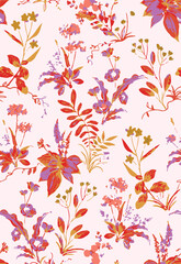 Romantic floral print with wildflowers sketch. Seamless pattern, gentle botanical background with various small flowers. Vector illustration.