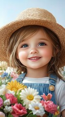 A young girl with long hair and a straw hat joyfully holds a vibrant bouquet of flowers in a bright outdoor location
