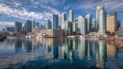 Fototapeta premium City skyline reflects beautifully in calm water capturing the essence of a vibrant urban landscape.