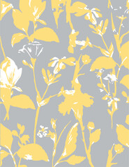 Romantic floral print with wildflowers sketch. Seamless pattern, gentle botanical background with various small flowers. Vector illustration.