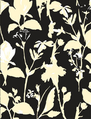 Romantic floral print with wildflowers sketch. Seamless pattern, gentle botanical background with various small flowers. Vector illustration.