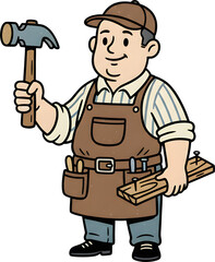 Obraz premium Cartoon handyman builder character holding a hammer and wood plank suitable for construction business logos. High quality digital art isolated on white background for marketing.