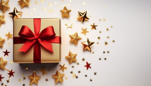 Gift Box With Red Ribbon And Golden Stars On White Background Space For Text