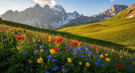 Fototapeta premium Colorful wildflowers blooming beneath tall mountain ridges 