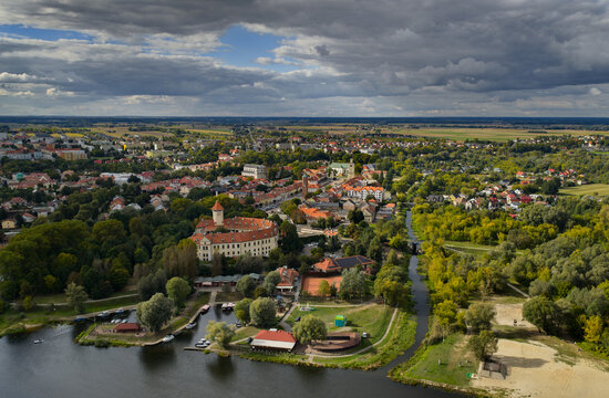 View of the castle and old town in Pułtusk from the Narew River, Masovia, Poland