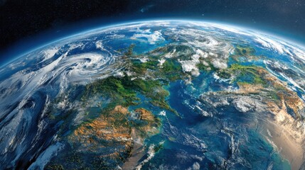 Fototapeta premium Planet Earth is presented with its lush forests rivers and clouds highlighting natural beauty.