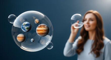 Young woman's hand holding a glowing blue digital globe for future technology concept and social network success