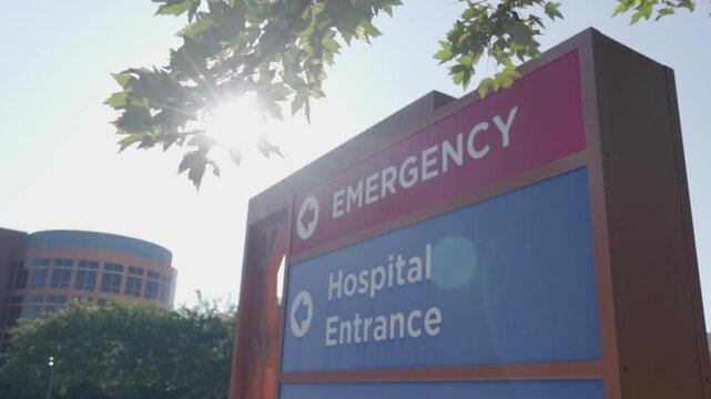 Emergency Sign at Hospital in USA. Emergency Room and Medical Care Building. Hospital, Medical Center, Emergency Room.