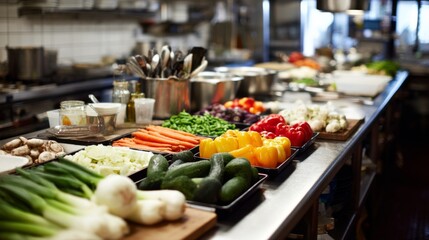 Fresh Vegetables and Ingredients Arranged in a Professional Kitchen Ready for Cooking and Meal Preparation by Chefs with Colorful Presentation