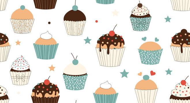 Sweet and charming seamless pattern of assorted delicious cupcakes with frosting and sprinkles for bakery-themed designs.