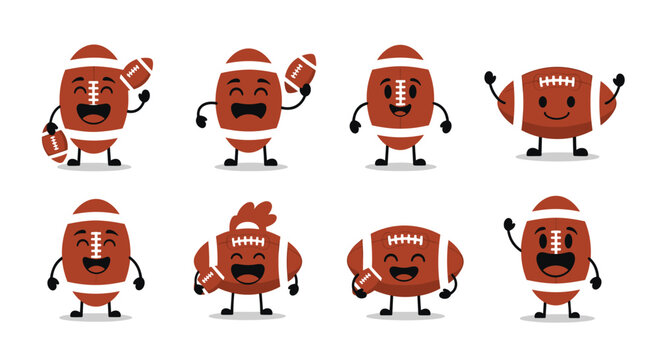 Fun set of cute American football character mascots with expressive faces and poses for sports-related designs.