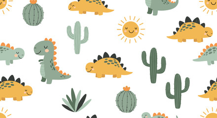 Cute and playful seamless pattern for children featuring friendly dinosaurs cacti and a smiling sun on a white background.