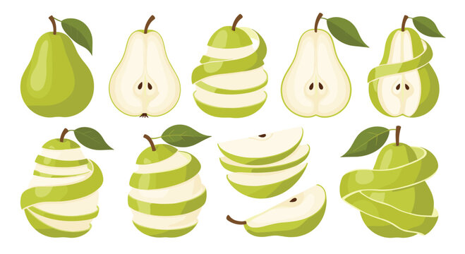 Large set of green pear illustrations including whole fruit halves slices and pears with the peel spiraling off.
