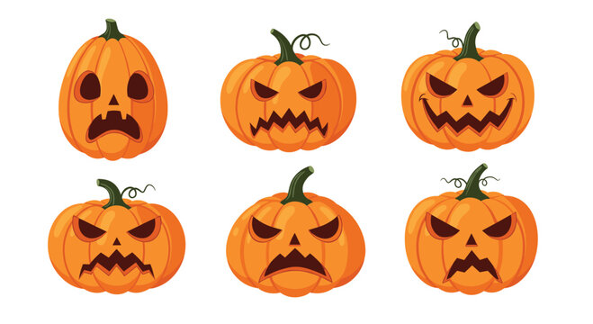 Set of six jack-o'-lanterns with various spooky and angry carved faces perfect for Halloween decoration designs.