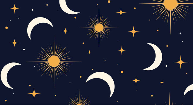 Mystical seamless celestial pattern with golden suns crescent moons and sparkling stars on a dark navy blue background.