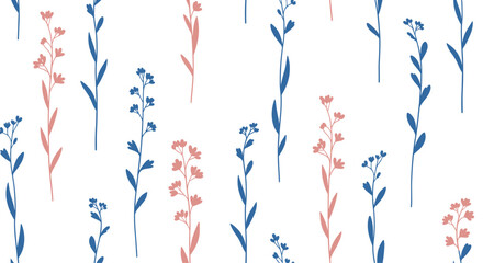 Delicate seamless vector pattern of minimalist blue and pink wildflowers on a white background for a gentle floral texture.