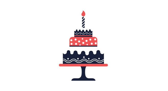 Festive three-tiered birthday cake illustration with colorful layers polka dots and a single lit candle on top for celebrations.