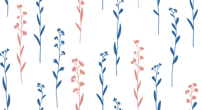 Delicate seamless vector pattern of minimalist blue and pink wildflowers on a white background for a gentle floral texture. - Powered by Adobe