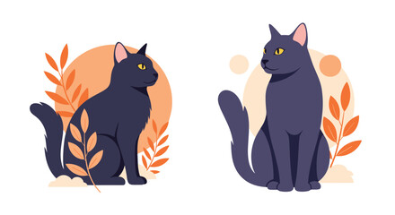 Obraz premium A stylish set of two illustrations featuring elegant black cats sitting gracefully with autumn leaves and abstract shape backgrounds.
