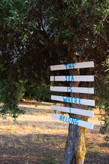 White wooden plaques with a beautiful quote about the sea attached to an olive tree