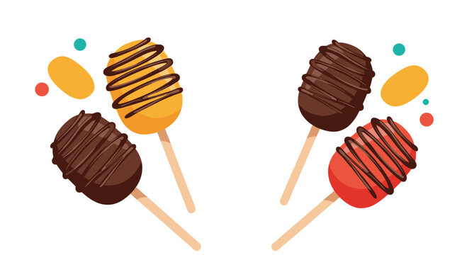 A fun and delicious set of colorful cake pops on sticks decorated with drizzled chocolate in a playful vector illustration.