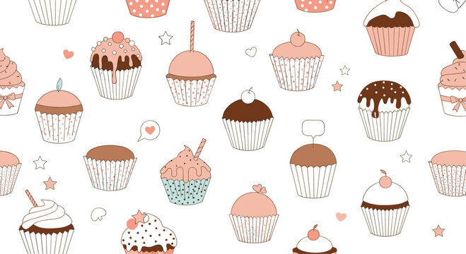 A cute and sweet seamless doodle pattern of various hand-drawn cupcakes with different toppings and decorations on white. - Powered by Adobe