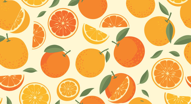 A bright and cheerful seamless fruit pattern featuring whole oranges citrus slices and green leaves on a pale yellow background.