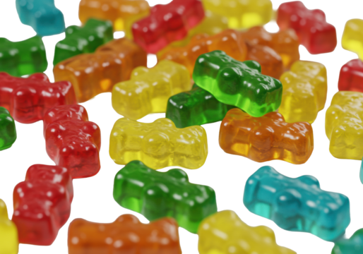 Vibrant, translucent gummy bears (red, green, yellow, orange, blue) scattered on a transparent background with copy space, soft studio light, macro shot, playful candy advertising concept