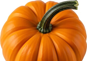 Close up of a vibrant orange pumpkin with a green stem