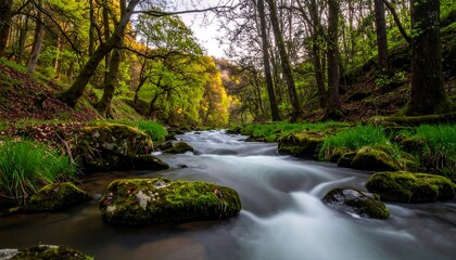 Obraz premium River flowing through forest; lush greenery, mossy rocks, and filtered sunlight