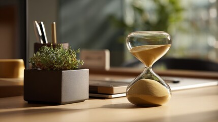 Elegant hourglass on a wooden desk with green plants and stationery in a modern office environment showcasing productivity and time management