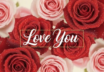 Romantic red and pink roses with love you message