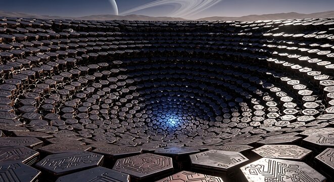 Abstract geometric hole illustration with futuristic tech and cosmic elements