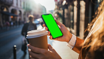 Close-up of young casual woman drinking coffee holding vertical smartphone on sunny street, lifestyle and technology connection
