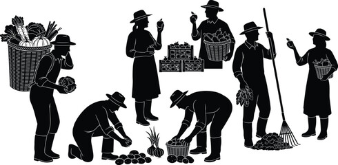 Silhouette Vector of Farmers Harvesting Vegetables, Sorting Produce, and Gardening with Tools in Traditional Agricultural Scenes