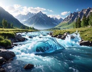 Scenic landscape of a rushing river and high, majestic mountain range