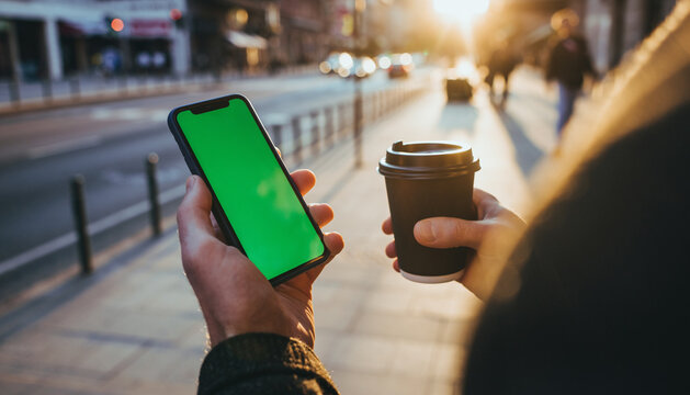 Close-up of young casual woman drinking coffee holding vertical smartphone on sunny street, lifestyle and technology connection
- Powered by Adobe