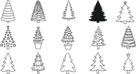 Stylized Christmas Tree Silhouette Collection Featuring Decorative Holiday Designs, Ornaments, Star Elements, and Festive Minimalist Shapes