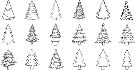 Stylized Christmas Tree Silhouette Collection Featuring Diverse Holiday Designs, Ornaments, Stars, Pots, and Festive Minimalist Shapes