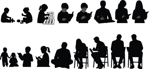 Silhouette Vector of Children and Adults Engaged in Reading, Writing, Learning, and Developmental Activities Across Life StagesSilhouette Vector 