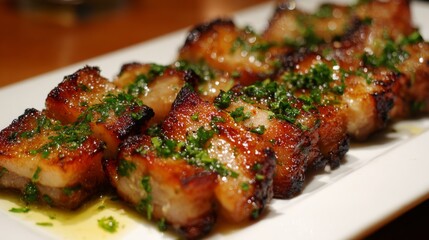 Delicately Grilled Pork Belly with Glaze and Garnish on White Plate for Gourmet Culinary Presentation and Food Photography Adventure