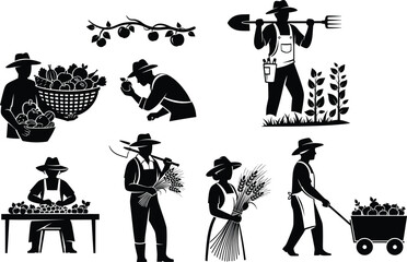 Silhouette Vector of Farmers Harvesting, Sorting Produce, Planting Seeds, and Transporting Crops in Traditional Agricultural Scenes