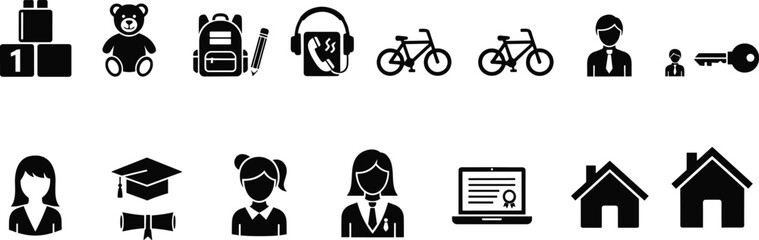 Silhouette Vector Icons Representing Education Journey from Early Childhood to Graduation, Career, and Online Learning Stages