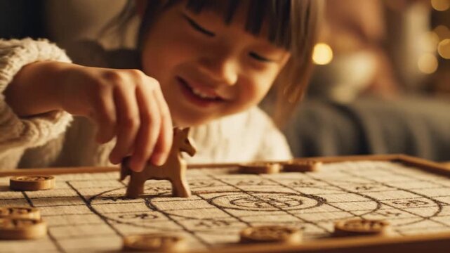 Young asian child playing with a wooden horse chess piece on a traditional board game in cozy warm light for intellectual development concept, Sollal